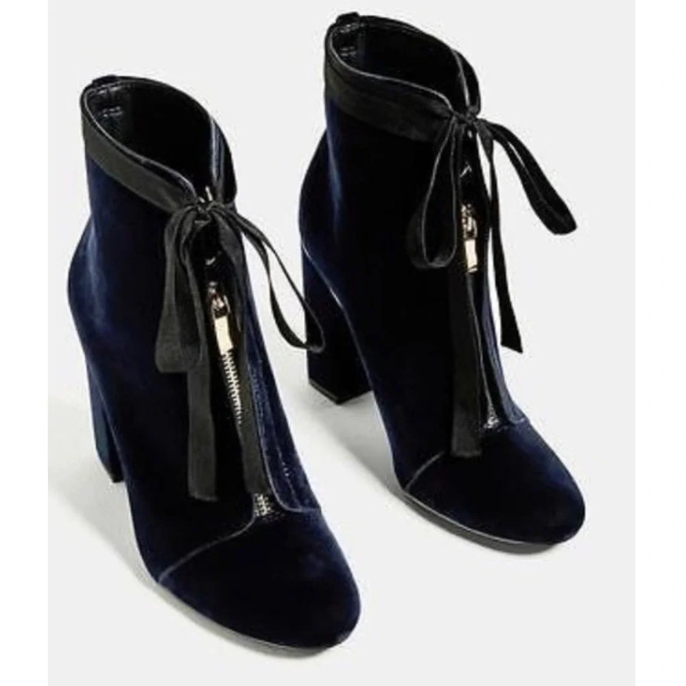 Zara Velvet Ankle Boots Women 41 Blue Front Zip Block Heel Ribbon Tie Gothic